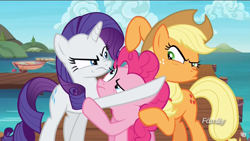 Size: 1600x900 | Tagged: safe, screencap, applejack, pinkie pie, rarity, earth pony, pony, unicorn, ppov, angry, discovery family logo, fight, nose wrinkle, pointing, pouting, seaward shoals