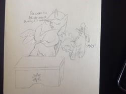 Size: 2592x1936 | Tagged: artist needed, safe, derpibooru import, spike, twilight sparkle, twilight sparkle (alicorn), alicorn, dragon, pony, /mlp/, crying, female, mare, monochrome, paddle, punishment, spanking, spikeabuse, traditional art