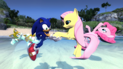 Size: 1366x768 | Tagged: safe, artist:migueruchan, fluttershy, pinkie pie, pegasus, pony, 3d, crossover, miles "tails" prower, sonic the hedgehog, sonic the hedgehog (series)