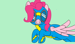 Size: 1280x754 | Tagged: safe, artist:rachelclara, pinkie pie, pegasus, pony, base used, clothes, goggles, green background, pegasus pinkie pie, race swap, simple background, solo, uniform, wonderbolts uniform