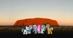 Size: 2000x1040 | Tagged: safe, artist:didgereethebrony, cloudy quartz, igneous rock pie, limestone pie, marble pie, maud pie, pinkie pie, earth pony, pony, australia, ayers rock, digital art, father and child, father and daughter, female, male, mother and child, mother and daughter, parent and child, pie family, pie sisters, quartzrock, siblings, sisters, uluru