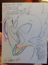 Size: 800x1067 | Tagged: safe, artist:andypriceart, derpibooru import, spike, twilight sparkle, twilight sparkle (alicorn), alicorn, dragon, pony, andy you magnificent bastard, beads, eyes closed, female, glare, mardi gras, mare, open mouth, smiling, traditional art, yelling