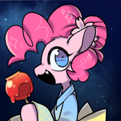 Size: 512x512 | Tagged: safe, artist:snowillusory, pinkie pie, earth pony, pony, :3, candied apple, clothes, cute, cute little fangs, fangs, female, kimono (clothing), mare, open mouth, solo