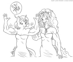 Size: 1100x935 | Tagged: safe, artist:kaemantis, adagio dazzle, rarity, anthro, acardio dazzle, armpits, clothes, commission, dress, monochrome, muscles, pickaxe, ripped rarity