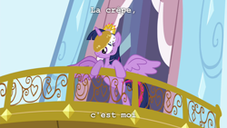 Size: 1280x720 | Tagged: safe, derpibooru import, edit, edited screencap, screencap, twilight sparkle, twilight sparkle (alicorn), alicorn, pony, castle sweet castle, balcony, bipedal leaning, female, french, horn impalement, i'm pancake, mare, meme, pancakes, smiling, solo, spread wings