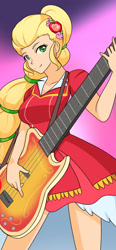 Size: 890x1920 | Tagged: safe, artist:jonfawkes, applejack, equestria girls, legend of everfree, 45 minute art challenge, bass guitar, clothes, crystal gala, dress, musical instrument, smiling, solo