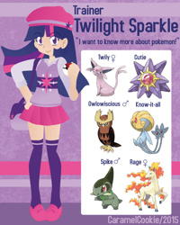 Size: 700x875 | Tagged: safe, artist:caramelcookie, derpibooru import, owlowiscious, spike, twilight sparkle, human, axew, clothes, crossover, espeon, hat, humanized, noctowl, pokéball, pokémon, pokémon team, pokémon trainer, rapidash, skirt, starmie, sweater vest, uxie