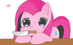 Size: 1354x844 | Tagged: safe, artist:chametzkiwi, pinkie pie, earth pony, pony, :3, blush sticker, blushing, cute, cuteamena, heart, heart eyes, knife, leaning, mouth hold, pinkamena diane pie, simple background, solo, white background, wingding eyes