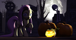 Size: 4096x2160 | Tagged: safe, artist:o0despair0o, fluttershy, pegasus, pony, 3d, halloween, high res, holiday, jack-o-lantern, moon, pumpkin, solo, source filmmaker