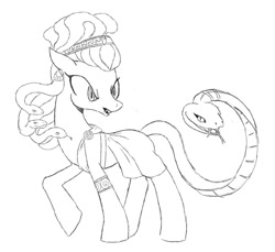 Size: 650x595 | Tagged: safe, artist:voodoo-tiki, oc, gorgon, medusa, pony, snake, black and white, clothes, female, grayscale, greek clothing, mare, monochrome, ponified, simple background, snake for a tail, solo, tail, white background