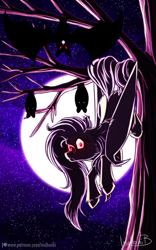 Size: 900x1440 | Tagged: safe, artist:inuhoshi-to-darkpen, fluttershy, bat, bat pony, pony, female, flutterbat, full moon, hanging, looking at you, mare, moon, nightmare night, race swap, tree