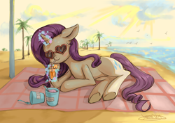 Size: 3508x2479 | Tagged: safe, artist:jatewg, rarity, pony, unicorn, beach, beach towel, drink, drinking straw, female, food, high res, ice cream, lying down, magic, mare, on side, outdoors, palm tree, prone, solo, sunglasses, telekinesis, tree