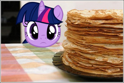 Size: 1200x806 | Tagged: safe, artist:dtkraus, derpibooru import, twilight sparkle, twilight sparkle (alicorn), alicorn, pony, castle sweet castle, behaving like a cat, crepe, eyes on the prize, female, frown, i'm pancake, irl, mare, pancakes, photo, ponies in real life, solo, twilight cat