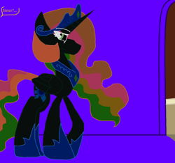 Size: 1280x1198 | Tagged: safe, artist:eeveeglaceon, princess celestia, alicorn, pony, balcony, blue sun, canterlot castle, color change, contemplating life, correstia, corrupted, corrupted celestia, corruptia, darkened coat, female, green eye, implied invert princess luna, implied inverted princess luna, implied princess luna, inside, invert princess celestia, inverted, inverted colors, inverted princess celestia, inverted princess luna, looking back, possessed, possesstia, rainbow hair, sidemouth, solo, standing, tumblr, tumblr:the sun has inverted, word balloon, word bubble