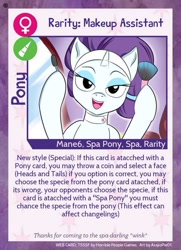 Size: 640x884 | Tagged: safe, artist:asajiopie01, rarity, pony, unicorn, makeup, spa pony, spa pony rarity, trading card, twilight sparkle's secret shipfic folder