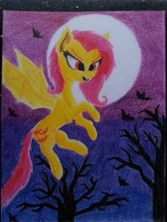 Size: 3096x4128 | Tagged: safe, artist:ironbeastz, fluttershy, bat, bat pony, pony, flutterbat, high res, moon, night, race swap, solo, traditional art, tree