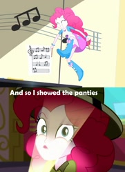 Size: 856x1183 | Tagged: safe, screencap, pinkie pie, eqg summertime shorts, equestria girls, the art of friendship, the canterlot movie club, actually legit eqg panty shot, classroom, clothes, funny, hat, jumping, lamp, panties, panty shot, parody, pink underwear, skirt, skirt lift, underwear, upskirt