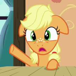 Size: 540x536 | Tagged: safe, screencap, applejack, earth pony, pony, where the apple lies, floppy ears, solo, teenage applejack