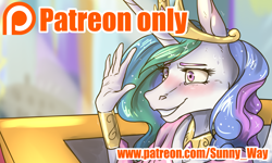 Size: 1672x1000 | Tagged: safe, artist:sunny way, princess celestia, alicorn, anthro, artwork, canterlot, cute, female, horn, patreon, patreon exclusive, patreon logo, paywall content, rcf community, smiling, sunny day, wings