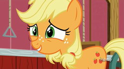 Size: 1273x707 | Tagged: safe, screencap, applejack, earth pony, pony, where the apple lies, discovery family logo, solo, teenage applejack