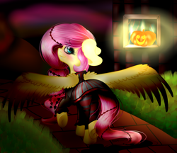 Size: 1608x1388 | Tagged: safe, artist:kindny-chan, fluttershy, pegasus, pony, vampire, vampony, clothes, fangs, looking back, solo, underhoof