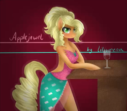 Size: 477x418 | Tagged: safe, artist:liliumena, applejack, anthro, unguligrade anthro, alcohol, applejewel, arm hooves, solo