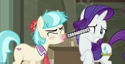 Size: 1056x545 | Tagged: safe, edit, edited screencap, editor:useraccount, screencap, coco pommel, rarity, pony, unicorn, the saddle row review, caption, coronavirus, covid-19, covidiots, disgusted, disgusting, image macro, sick, sneezing, text, too soon