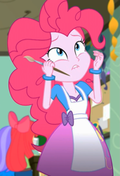 Size: 737x1080 | Tagged: safe, screencap, apple bloom, pinkie pie, eqg summertime shorts, equestria girls, the art of friendship, background human, cropped, lip bite