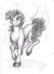 Size: 1024x1402 | Tagged: safe, artist:lupiarts, pinkie pie, earth pony, pony, female, grayscale, mare, monochrome, sketch, smiling, solo, traditional art