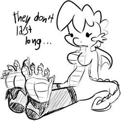 Size: 706x708 | Tagged: safe, artist:sweethd, oc, oc only, oc:dragon dip, dragon, clothes, dialogue, feet, monochrome, simple background, socks, toes, white background