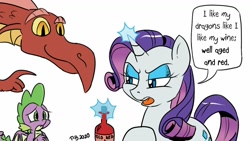 Size: 1200x675 | Tagged: safe, artist:pony-berserker, basil, rarity, spike, dragon, pony, unicorn, pony-berserker's twitter sketches, alcohol, female, karma, magic, male, payback's a bitch, razer, shipping, shipping denied, sparity, speech bubble, straight, telekinesis, wine