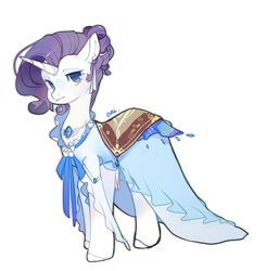 Size: 650x662 | Tagged: safe, artist:小huhu狸君呀, rarity, pony, unicorn, alternate hairstyle, clothes, dress, ear fluff, ear piercing, earring, female, jewel, jewelry, looking at you, mare, necklace, no pupils, piercing, simple background, solo, white background