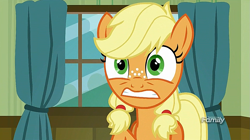 Size: 1277x715 | Tagged: safe, screencap, applejack, earth pony, pony, where the apple lies, discovery family logo, double mane, solo, teenage applejack