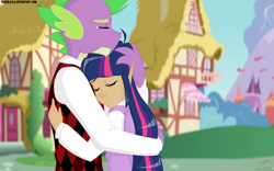 Size: 1600x1000 | Tagged: safe, artist:tralalayla, derpibooru import, spike, twilight sparkle, anthro, human, castle sweet castle, crying, elf ears, hug, humanized, winged humanization