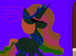 Size: 1138x838 | Tagged: safe, artist:eeveeglaceon, princess celestia, alicorn, pony, balcony, blue background, blue sun, canterlot castle, canterlot castle interior, color change, corrupted, darkened coat, female, green eye, implied invert princess luna, implied inverted princess luna, implied princess luna, inside, invert princess celestia, inverted, inverted colors, inverted princess celestia, possession, purple background, rainbow hair, sidemouth, simple background, solo, tumblr, tumblr:the sun has inverted, violet background, word balloon, word bubble