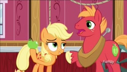 Size: 1366x768 | Tagged: safe, screencap, applejack, big macintosh, earth pony, pony, where the apple lies, apple, discovery family logo, food, male, stallion, teenage applejack, teenage big macintosh