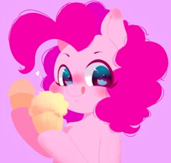 Size: 1440x1371 | Tagged: safe, artist:koto, pinkie pie, pony, cupcake, cute, diapinkes, food, heart, hoof hold, simple background, smiling, solo, tongue out