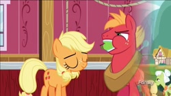 Size: 1366x768 | Tagged: safe, screencap, applejack, big macintosh, granny smith, earth pony, pony, where the apple lies, apple, discovery family logo, food, male, stallion, teenage applejack, teenage big macintosh