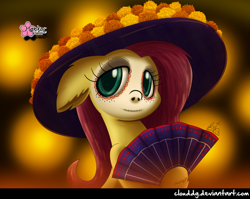 Size: 1258x1000 | Tagged: safe, artist:clouddg, fluttershy, pegasus, pony, bust, cempasúchil, dia de los muertos, eyelashes, face paint, fan, female, floppy ears, folding fan, hat, hoof hold, looking at you, looking sideways, mare, portrait, signature, solo