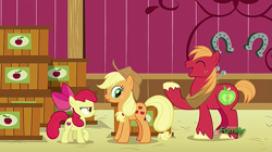 Size: 1279x715 | Tagged: safe, screencap, apple bloom, applejack, big macintosh, earth pony, pony, where the apple lies, cutie mark, discovery family logo, female, filly, male, scrunchy face, stallion, the cmc's cutie marks