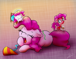 Size: 1280x1000 | Tagged: safe, artist:klemm, pinkie pie, earth pony, pony, atg 2017, chibi, cute, diapinkes, eyes closed, female, mare, newbie artist training grounds, prone, shoulder angel, shoulder devil, simple background, sleepy, yawn