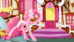 Size: 1280x728 | Tagged: safe, artist:thatonegib, pinkie pie, earth pony, pony, inviting, inviting you, looking at you, one eye closed, open mouth, smiling, solo, sugarcube corner, wink