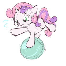 Size: 500x500 | Tagged: safe, artist:clovercoin, sweetie belle, unicorn, balancing, ball, simple background, solo, white background