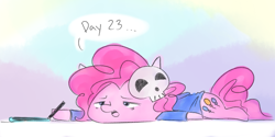 Size: 2000x1000 | Tagged: safe, artist:grim ponka, pinkie pie, pony, atg 2017, clothes, dialogue, drawing, exhausted, newbie artist training grounds, skull, solo, tired