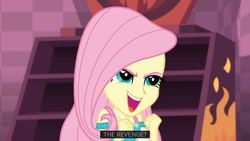 Size: 1366x768 | Tagged: safe, screencap, fluttershy, a fine line, better together, equestria girls, fluttershy's revenge, glare, open mouth, smiling, smirk, solo, subtitles