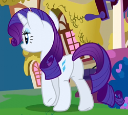 Size: 407x366 | Tagged: safe, screencap, rarity, pony, unicorn, just for sidekicks, beautiful, butt, cropped, cutie mark, eyeshadow, female, frown, hind legs, lidded eyes, makeup, mare, plot, ponyville, rearity, solo, walking, water well