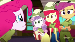 Size: 1280x720 | Tagged: safe, screencap, apple bloom, pinkie pie, scootaloo, sweetie belle, eqg summertime shorts, equestria girls, the canterlot movie club, big eyes, cinema, cutie mark crusaders, food, hat, popcorn, sad, sobbing