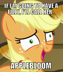 Size: 680x772 | Tagged: safe, edit, edited screencap, screencap, applejack, earth pony, pony, where the apple lies, ah didn't listen, exploitable meme, faic, i didn't listen, image macro, implications, meme, pregnant, preteen, preteen pregnancy, preteenage applejack, solo, the implications are horrible