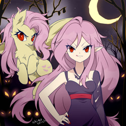 Size: 1000x1000 | Tagged: safe, artist:ichigochichi, fluttershy, bat pony, human, pegasus, pony, anime, armpits, chest fluff, clothes, cute, dress, ear fluff, elf ears, female, flutterbat, humanized, looking at you, mare, moon, nail polish, race swap, self ponidox