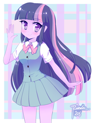 Size: 962x1243 | Tagged: safe, artist:riouku, derpibooru import, twilight sparkle, equestria girls, clothes, cute, looking at you, moe, school uniform, schoolgirl, skirt, smiling, solo, twiabetes, waving